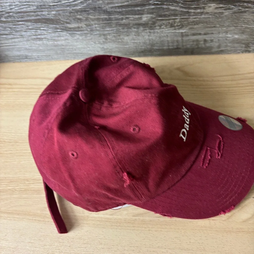 Daddy Hat Cap Strap Back Womens Red Maroon Distressed Adjustable
